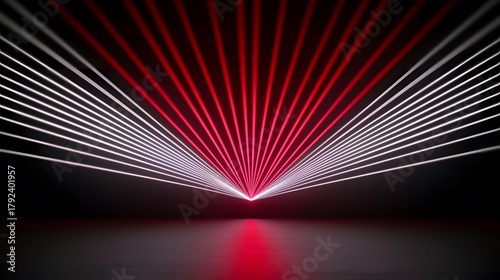 The image shows a display of emanating lines, red on the right and white on the left, against a dark background, creating a dynamic, modern, and technological atmosphere.