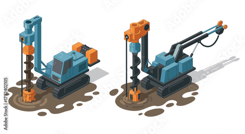 Isometric construction drilling machines on muddy ground