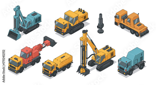 Isometric construction vehicles set excavator, bulldozer, crane and truck designs