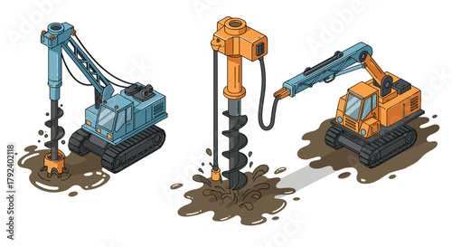 Isometric construction equipment with auger drills on white background