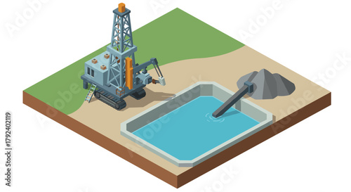 Isometric oil rig drilling scene with pool and machinery on construction site