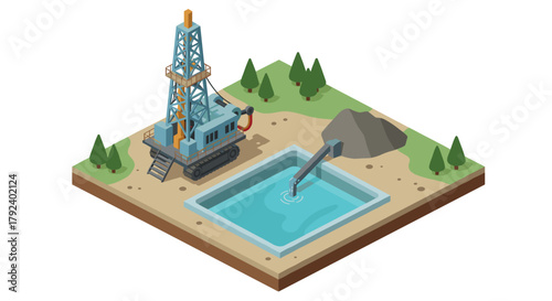 Isometric oil rig and reservoir in landscape scene with trees