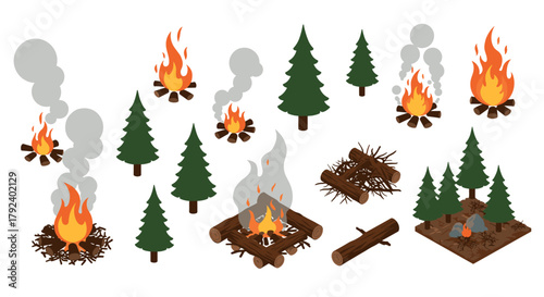 Isometric campfire and pine trees collection with smoke elements