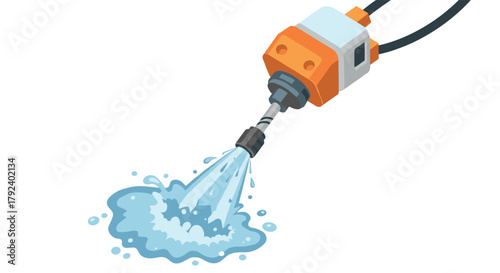 3d isometric water jet spraying device in action on white background