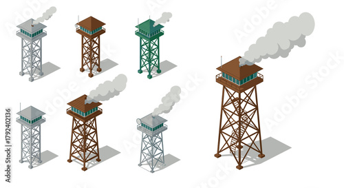 Isometric watch towers with smoke plumes in various colors and designs