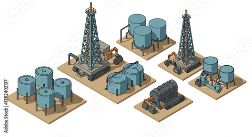 Isometric industrial oil rig and storage tanks set for energy projects