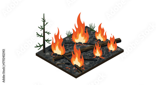 Isometric campfire scene with burning logs and pine tree on rocky ground