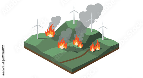 Wildfire on green hills with wind turbines and smoke in isometric design