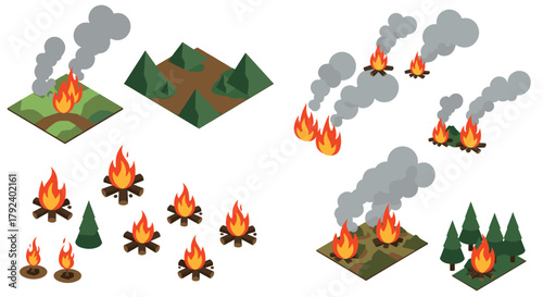 Isometric wildfire scenarios with smoke and trees in forest landscapes