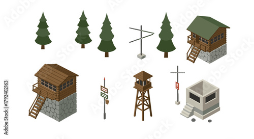 Isometric forestry elements set with observation towers and trees in minimalist design