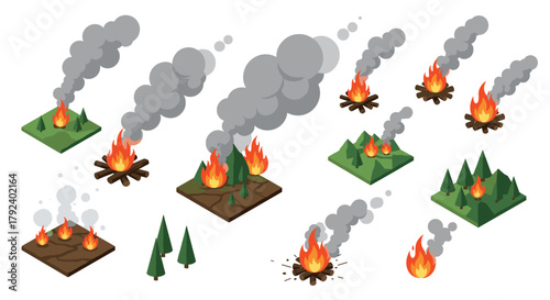 Isometric forest fire elements with smoke and flames