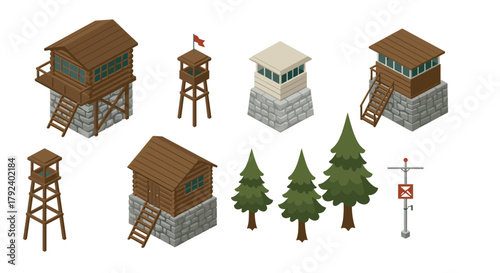 Isometric forest watch towers and trees with signal post design
