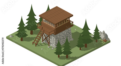 Isometric forest watchtower with wooden platform and pine trees