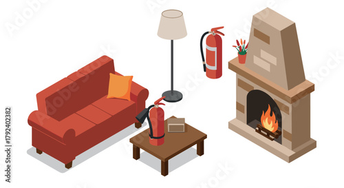 Cozy living room with fireplace and fire safety elements in isometric design