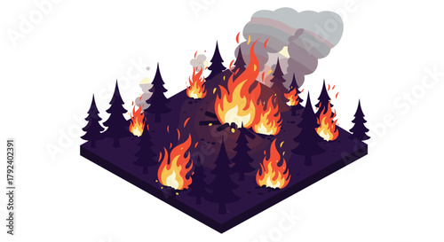 Isometric forest fire scene with smoke and flames in pine woodland