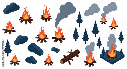 Isometric campfire elements with logs, smoke, trees, and clouds in a nature scene