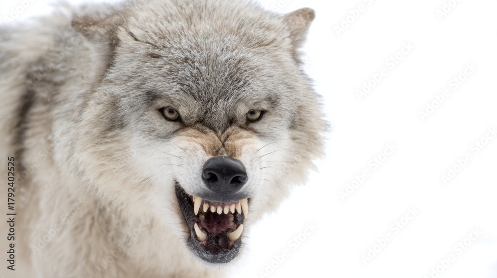 Obraz premium Snarling Wolf With Bared Teeth In Snowy Winter Scene 