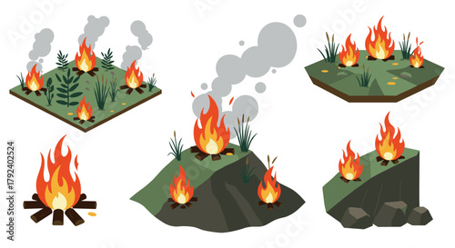 Campfire and wildfire scenes in flat design for nature and outdoor concepts