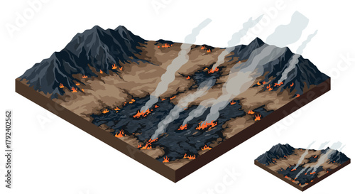 Isometric burning forest landscape with mountains and smoke effects
