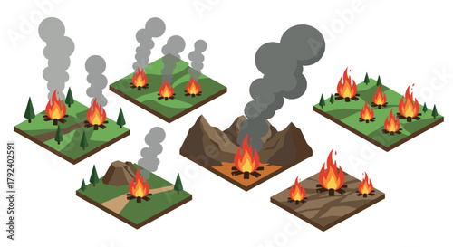 Isometric wildfire scenarios with forests and mountains