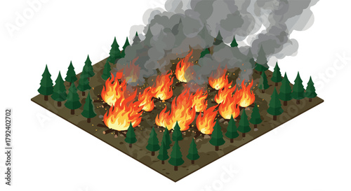 Isometric forest fire scene with dense smoke and burning trees