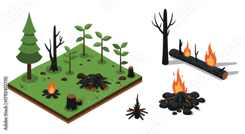 Isometric forest regeneration and fire stages growth, flames, recovery