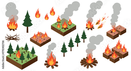 Isometric forest fire elements with smoke and flames for natural disaster concepts