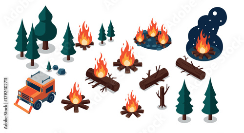 Isometric camping scene with campfires, trees, and offroad vehicle elements