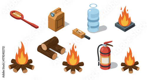 Camping essentials isometric style campfire, logs, fire extinguisher, marshmallow stick, water bottle