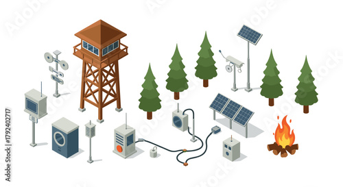 Isometric forest surveillance set with observation tower, solar panels, and campfire