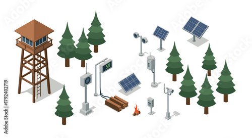 Isometric forest fire surveillance with watchtower and solar panels