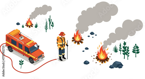 Firefighter in protective gear controlling wildfire with hose near fire truck in isometric forest scene