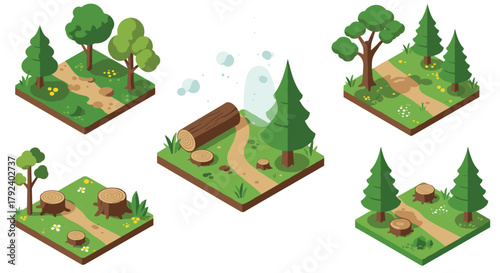 Isometric forest pathway elements with trees and stumps for game design