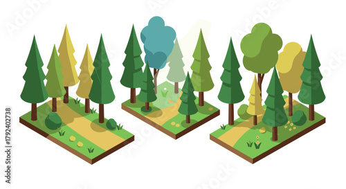 Isometric forest landscapes with pine trees and paths