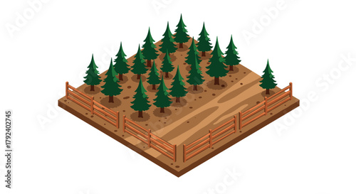 Isometric forest plot with wooden fence on a white background