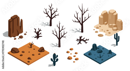 Isometric desert landscape elements with rocks, cacti, and bare trees