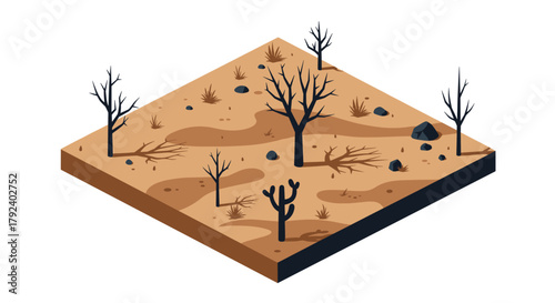 Isometric arid desert landscape with bare trees and rocks on sand