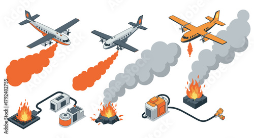 Isometric firefighting airplane scenarios with smoke and flames in modern design
