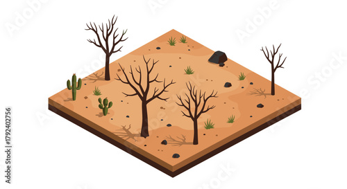 Isometric desert landscape with cacti and bare trees in arid terrain