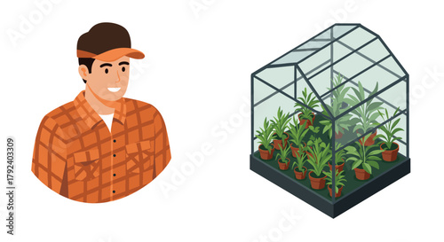 Gardener smiling beside a greenhouse filled with potted plants in flat design