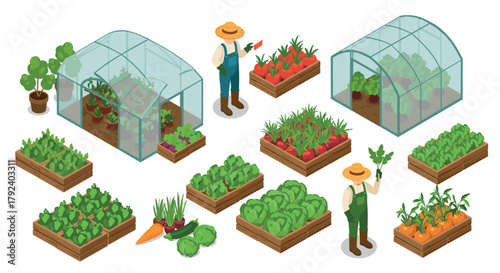 Isometric garden scene with farmers and greenhouses for sustainable farming design