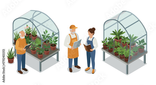 Greenhouse gardeners discussing plant growth in modern isometric greenhouse setup