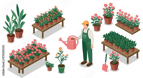 Gardener tending plants with watering can in isometric garden scene