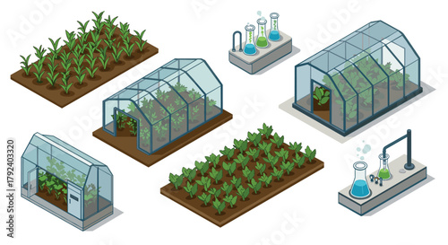 Isometric greenhouse farming and plant science laboratory setup