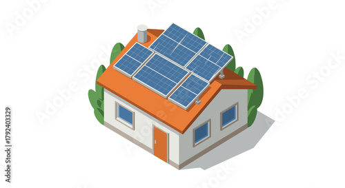 Isometric ecofriendly house with solar panels on roof surrounded by trees