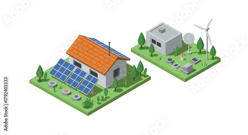 Sustainable energy systems isometric solar panels and wind turbine in ecofriendly landscape