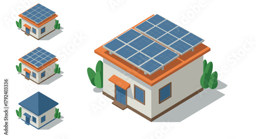 Isometric eco house with solar panels and minimalist design elements