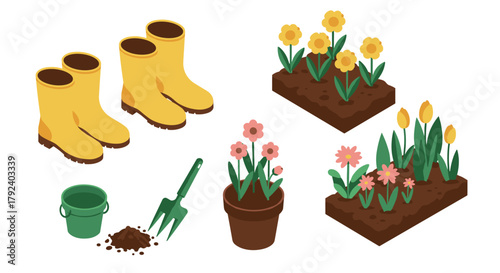 Gardening essentials isometric tools and flower beds for spring planting