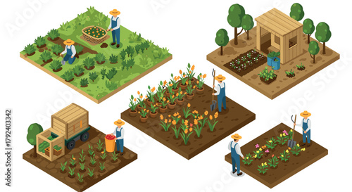 Isometric farming scenes with farmers gardening in diverse plots and harvesting crops