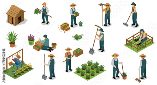 Isometric gardening activities with characters and tools for spring landscaping